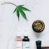 Flat lay of CBD oil bottles and hemp leaf, emphasizing natural wellness products.