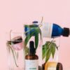 Assorted CBD bottles with cannabis leaves on pink backdrop, offering wellness options.