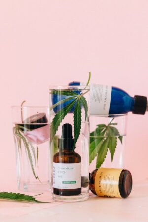 Assorted CBD bottles with cannabis leaves on pink backdrop, offering wellness options.