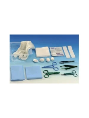 KIT PER SUTURA 1 CON TELO PINZA CHIRURGICA PORTAGHI PINZA ANATOMICA PINZA ANELLI PINZA KELLY GARZA 8 STRATI 7,5X7,5CM TAMPONI GUANTI LATTICE MEDIUM TELO TNT/PE 32X50CM SACCHETTO