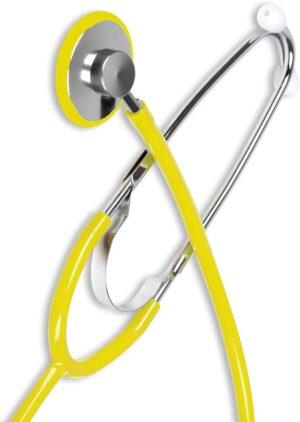 FONENDOSCOPIO PER ADULTO IN ALLUMINIO TESTA PIATTA DIAMETRO47 MM SINGOLO TUBO LUNGHEZZA 60 CM COLORE GIALLO